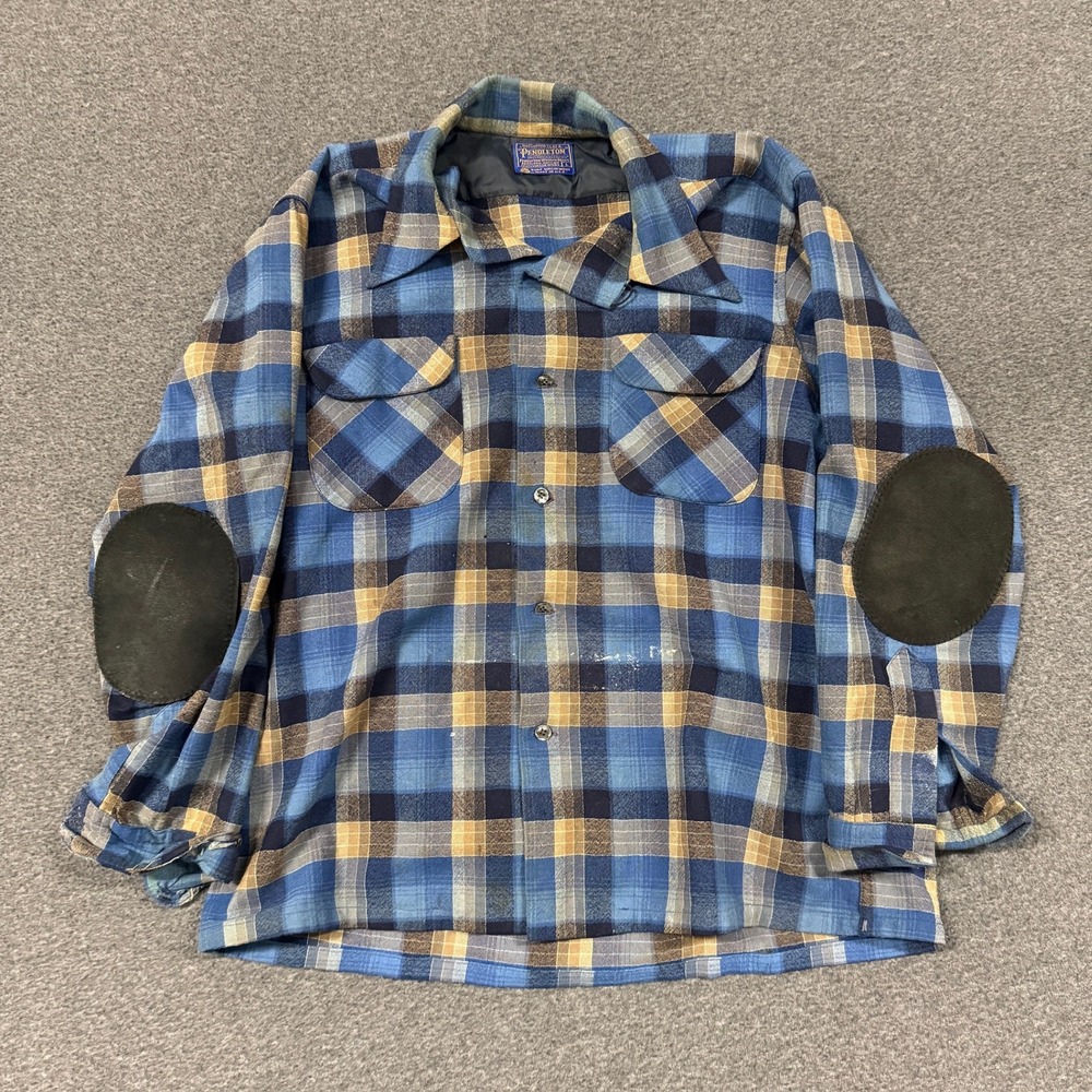 Vintage Pendleton Flannel Shirt Mens Large Blue Fair Plaid Elbow Patches Distres